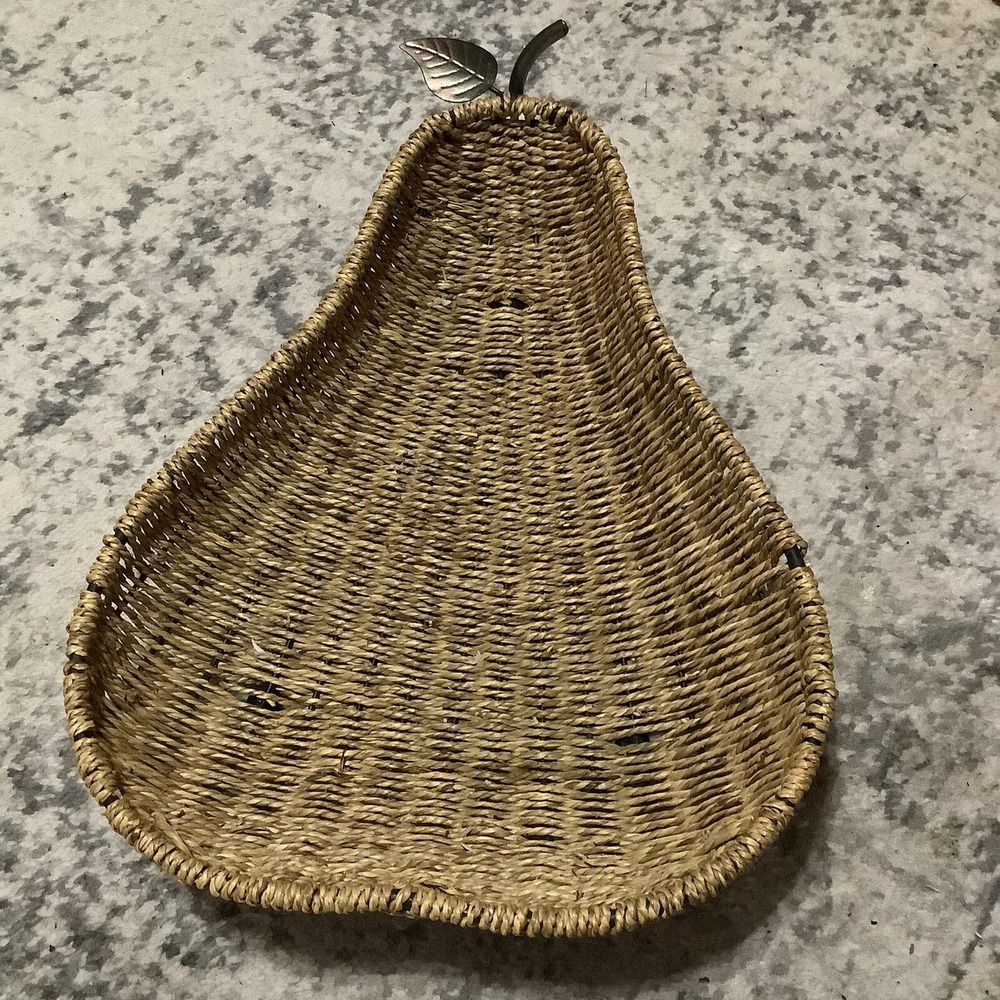 Lg Woven Pear Shaped Basket Tray Rattan Wicker Straw Metal Stem Vintage Retro